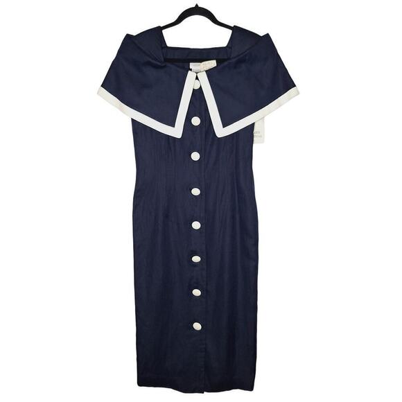 Vintage 90s Courtenay Linen Blend Off Shoulder Midi Shirt Dress M Navy Nautical - Picture 1 of 10